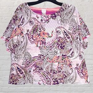 Chicos Playful Elephants Reversible Woven Blouse Size 3 XL Paisley Stripe Floral